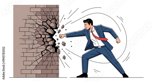 Businessman Breaking Through Wall.