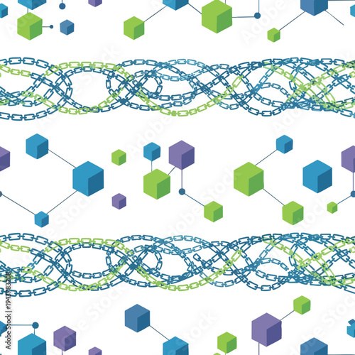 Abstract geometric cubes connected by lines and interlaced chains