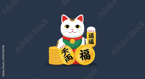 Lucky Cat with Gold Coins, Japanese Maneki Neko Symbol of Fortune and Wealth