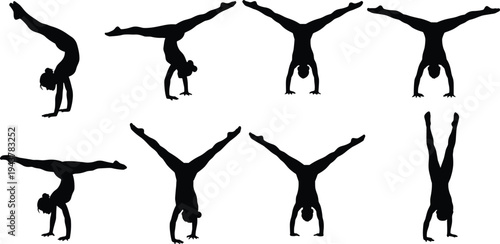Set of female gymnast silhouettes performing handstands and splits in various poses for athletic sports competition and fitness design elements