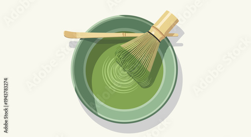 Matcha Green Tea Preparation with Bamboo Whisk and Scoop in Bowl