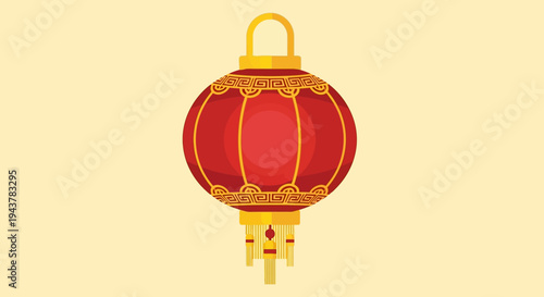 Red Chinese Lantern with Golden Ornaments on Yellow Background