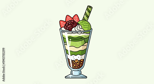 Pixel Art Matcha Parfait Dessert with Strawberry and Red Bean Topping