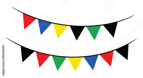 Colorful triangular bunting flags displayed on a string a bold silhouette