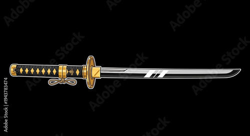 Samurai Sword Katana with Golden Hilt and Black Handle on Black Background