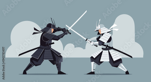 Samurai Warriors Clash: Dynamic Illustration of Two Fighters in Combat