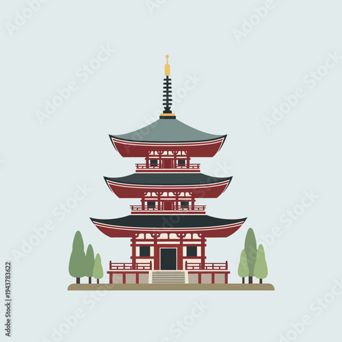 Traditional Japanese Pagoda Temple with Trees, Flat Design Illustration