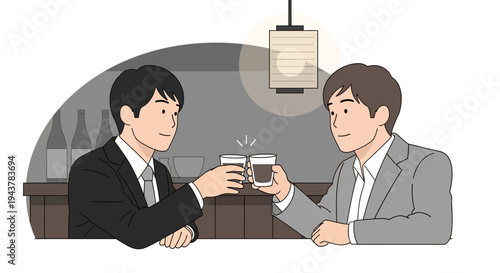 Two businessmen toasting drinks in a bar, celebrating success, business meeting