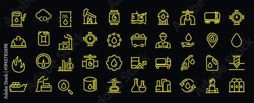 Oil and Gas web icons in line style. Fuel, gas station, refinery, petroleum, oil well, gas pump, energy, barrel, industry, transportation, collection. Vector illustration.