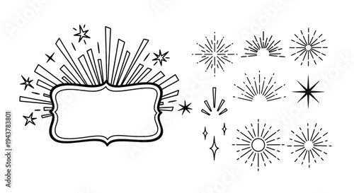 Hand drawn firework shapes and a decorative frame black and white silhouette