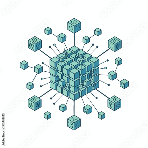 Networked interconnected teal cubes with dots, abstract, digital concept