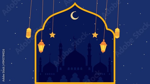 footage islamic celebration with illlustration of lantern and mosque and Starry sky. ramadan night scene with lantern mosques. ramadan kareem with illlustration of lantern and mosque and Starry sky