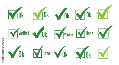 Collection of green checkmark icons within square frames silhouette