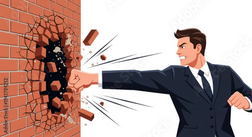 Businessman Punching Through Brick Wall.