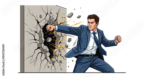Businessman Punching Through Wall.