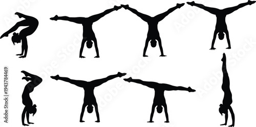 Silhouette Set of Professional Female Gymnast Performing Handstands and Acrobatics Poses Isolated on White Background for Sports and Fitness Design