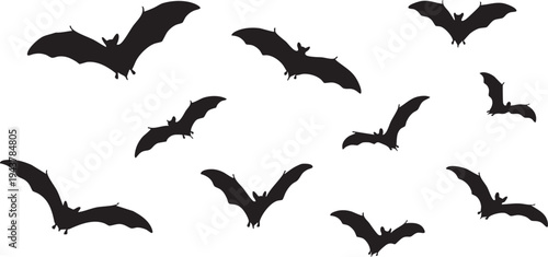Black silhouette bats flying on white background silhouettes