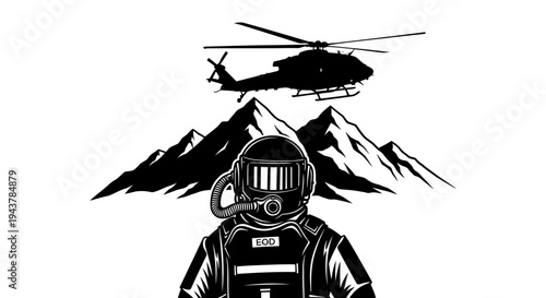 Astronaut Standing Before Mountains with Helicopter Flying Overhead