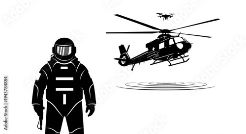 Astronaut standing next to a helicopter and drone, space exploration concept