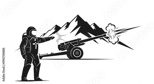 Astronaut firing cannon on mountain landscape, space exploration concept