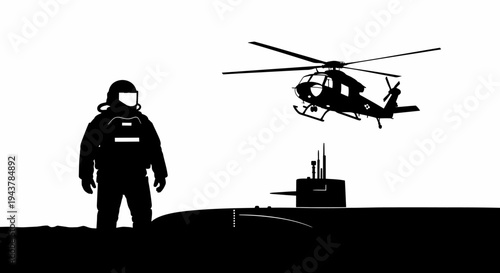 Astronaut standing on submarine deck with helicopter flying overhead, black and white silhouette