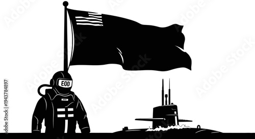 Astronaut with flag and submarine, symbolizing exploration and discovery