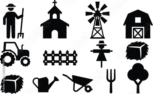 Set of black vector icons of farm building and house symbols in a flat illustration design silhouette