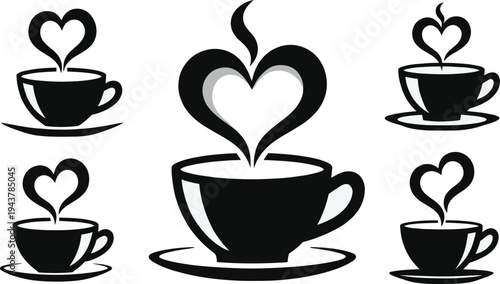 A brown vector illustration of a hot coffee cup icon featuring heart design elements and rising steam for a cafe beverage logo