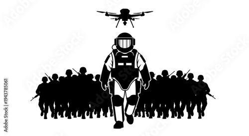 Drone Surveillance Over Riot Police Formation With Armored Officer Leading