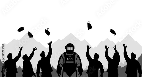 EOD hero celebrated by grateful crowd throwing hats in the air, mountains background