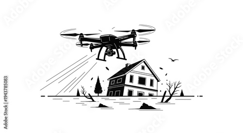 Drone surveying damaged house after natural disaster, aerial view, technology for assessment