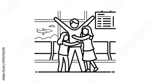 Family Reunion at Airport: Father Hugs Daughters, Travel, Departure, Arrival, Joyful Moment