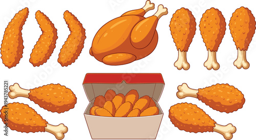 Fried chicken food collection including crispy wings, drumsticks, roasted chicken and takeaway box isolated fast food illustration set for restaurant menu concept