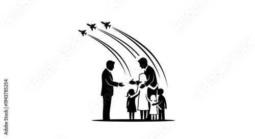 Father greeting son, family, jets flying overhead, welcome home, military, celebration