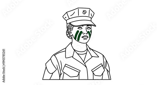 Female soldier with camouflage face paint, military uniform, and cap, outline drawing