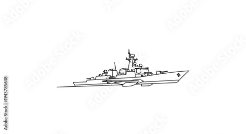 Hand-drawn sketch of a modern warship sailing on the sea, minimalist line art.