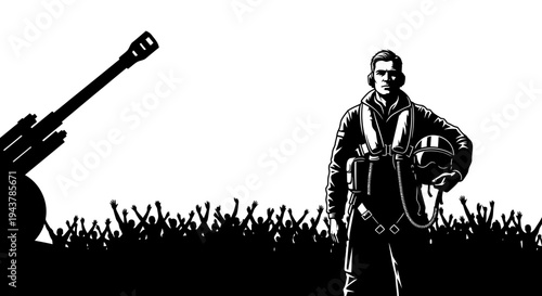 Heroic Pilot Stands Proudly Before Crowd and Artillery Gun Silhouette
