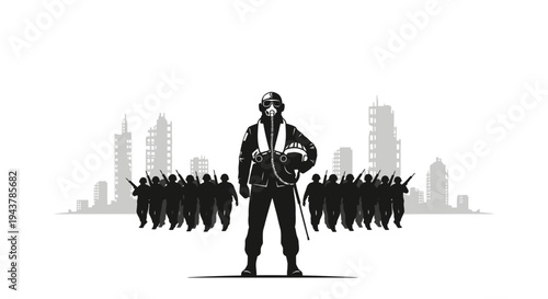 Leader and Followers Silhouette in Ruined Cityscape