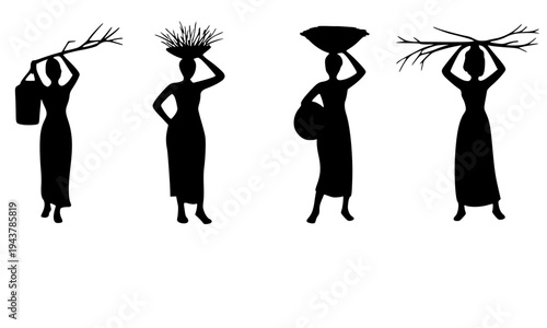 Black silhouette set of African women carrying loads on their heads including basket, bowl, and branches, perfect for cultural, tribal, and ethnic heritage design projects