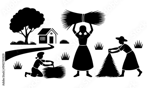  Black silhouette of rural farming scene with women harvesting and bundling crops, featuring a house and tree, perfect for agriculture, village life, and cultural design projects