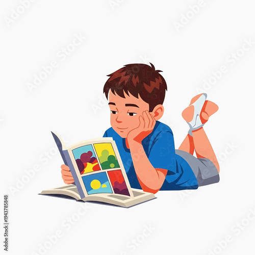 Little boy lying down reading colorful comic book, childhood imagination and literacy concept