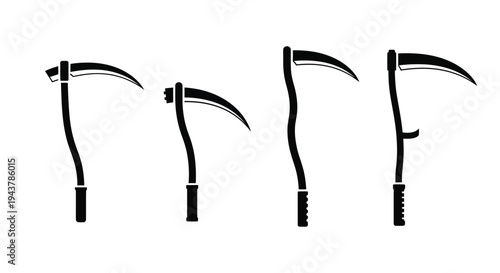 Four scythes displayed in a stark black silhouette