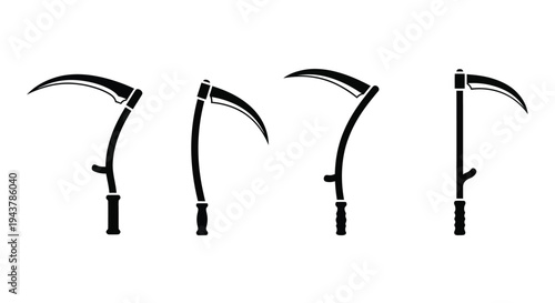 Four scythes displayed in varying orientations a striking silhouette