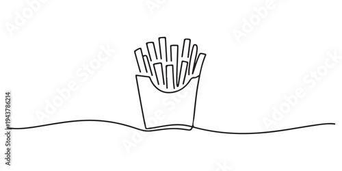 Fried potato sticks in modern single line drawing style, in continuous line art. Vector illustration, Continuous one line drawing of french fries. one line Icon drawing