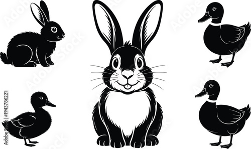 Black and White Minimalist Hopping Bunny Rabbit Vector Illustration Silhouette Isolated on White Background for Easter Spring Nature Greeting Card
