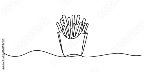 Fried potato sticks in modern single line drawing style, in continuous line art. Vector illustration, Continuous one line drawing of french fries. one line Icon drawing