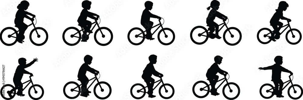 Fototapeta premium Ten Silhouettes Of Children Riding Bicycles On White Background kids