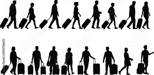 Silhouettes of people walking with luggage on a white background suitcase