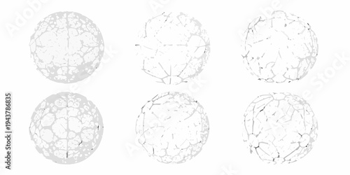 Six spherical objects displaying varying degrees of cracking and fragmentation