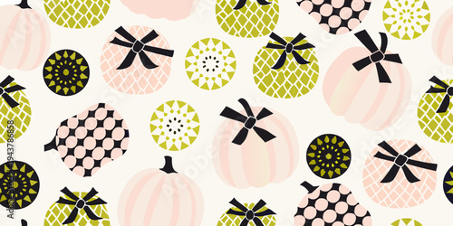 Festive pumpkin pattern with bows and geometric designs in pastel shades